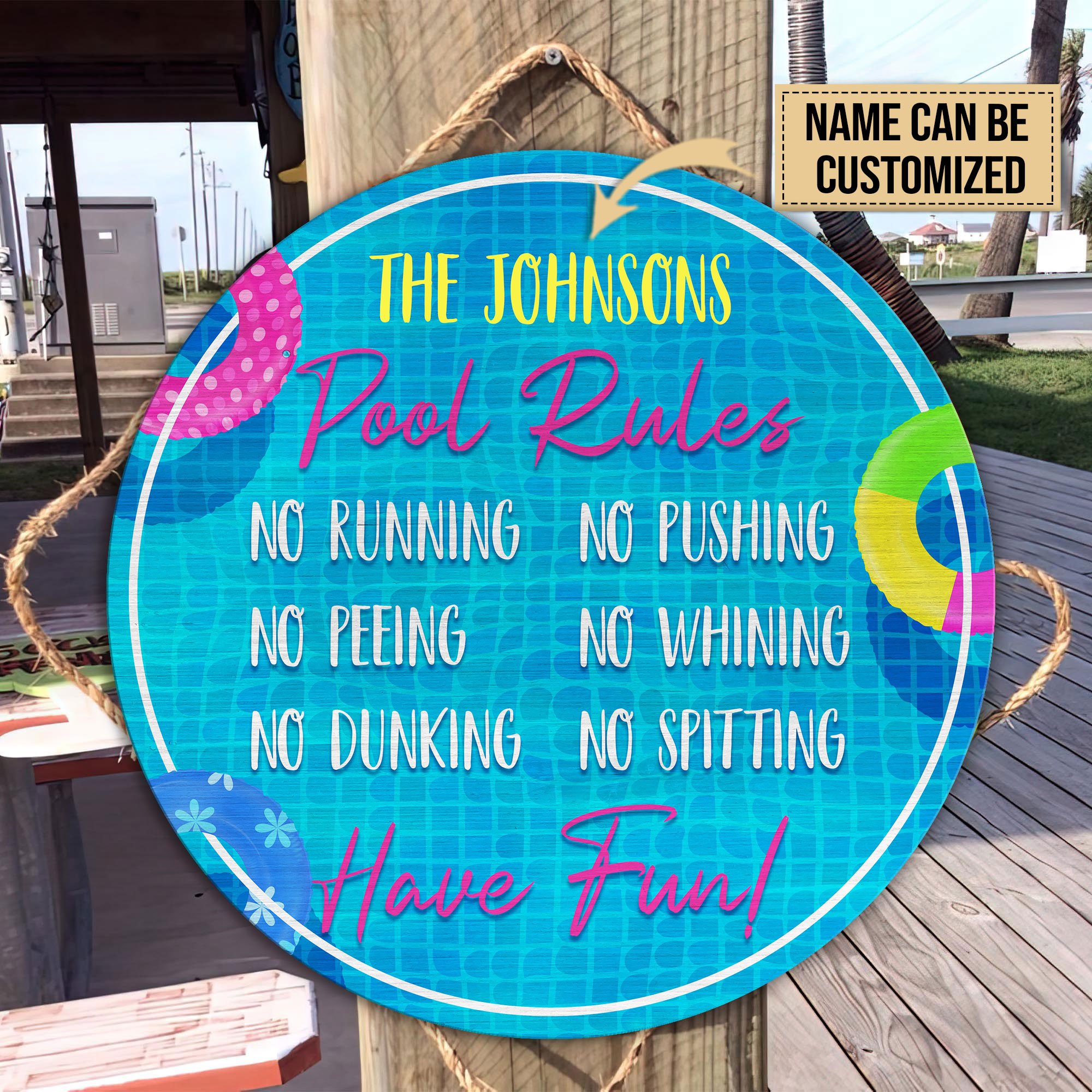Personalized Swimming Pool Rules No Running Customized Wood Circle Sign