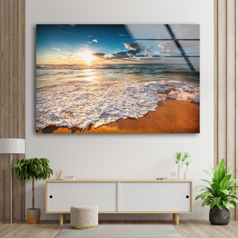Glass Picture Toughened Wall Art Unique Modern Sea Waves View Sunset Any Size